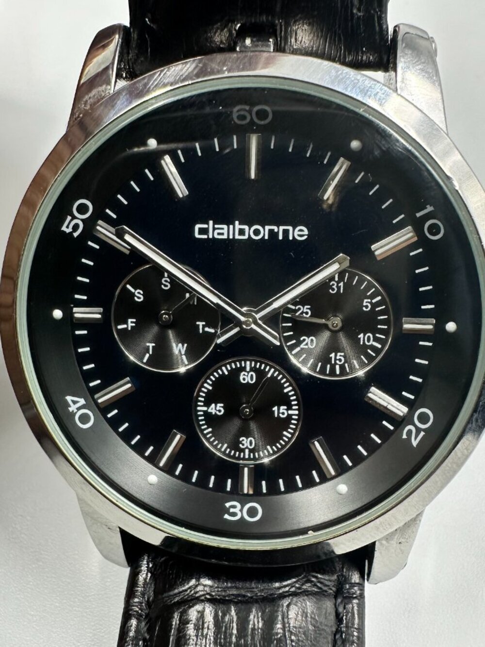Claiborne Watch Men Silver Tone Blue Dial Leather Band New Battery 10 Inch